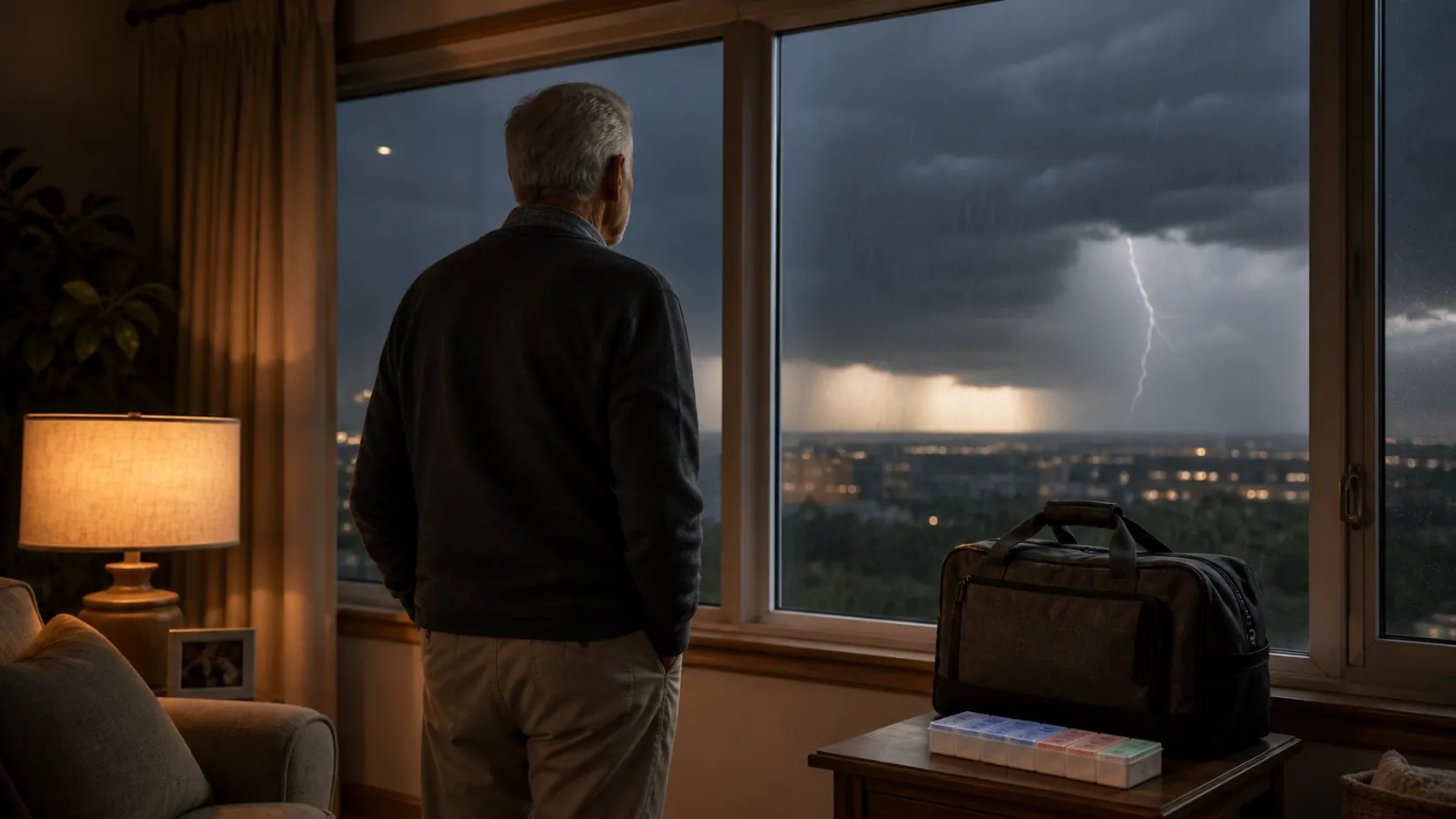 Older adult watching an approaching storm from a home window with a go-bag and pill organizer nearby