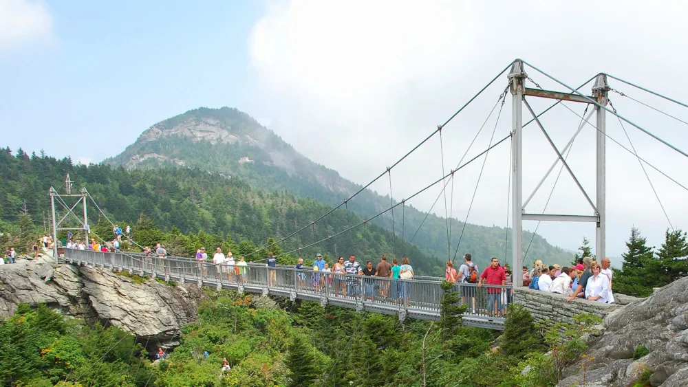 Mile High Swinging Bridge at Grandfather Mountain with distant blue mountain ridges