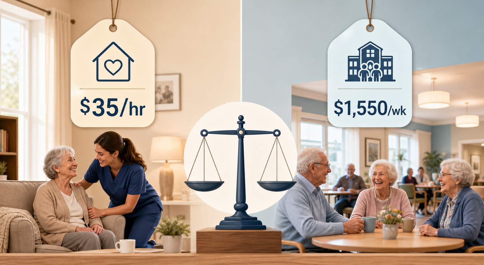 Editorial comparison image showing a warm home scene with a '$35/hr' callout on the left, an assisted living common room with a '$1,550/wk' callout on the right, and a balance scale between them.