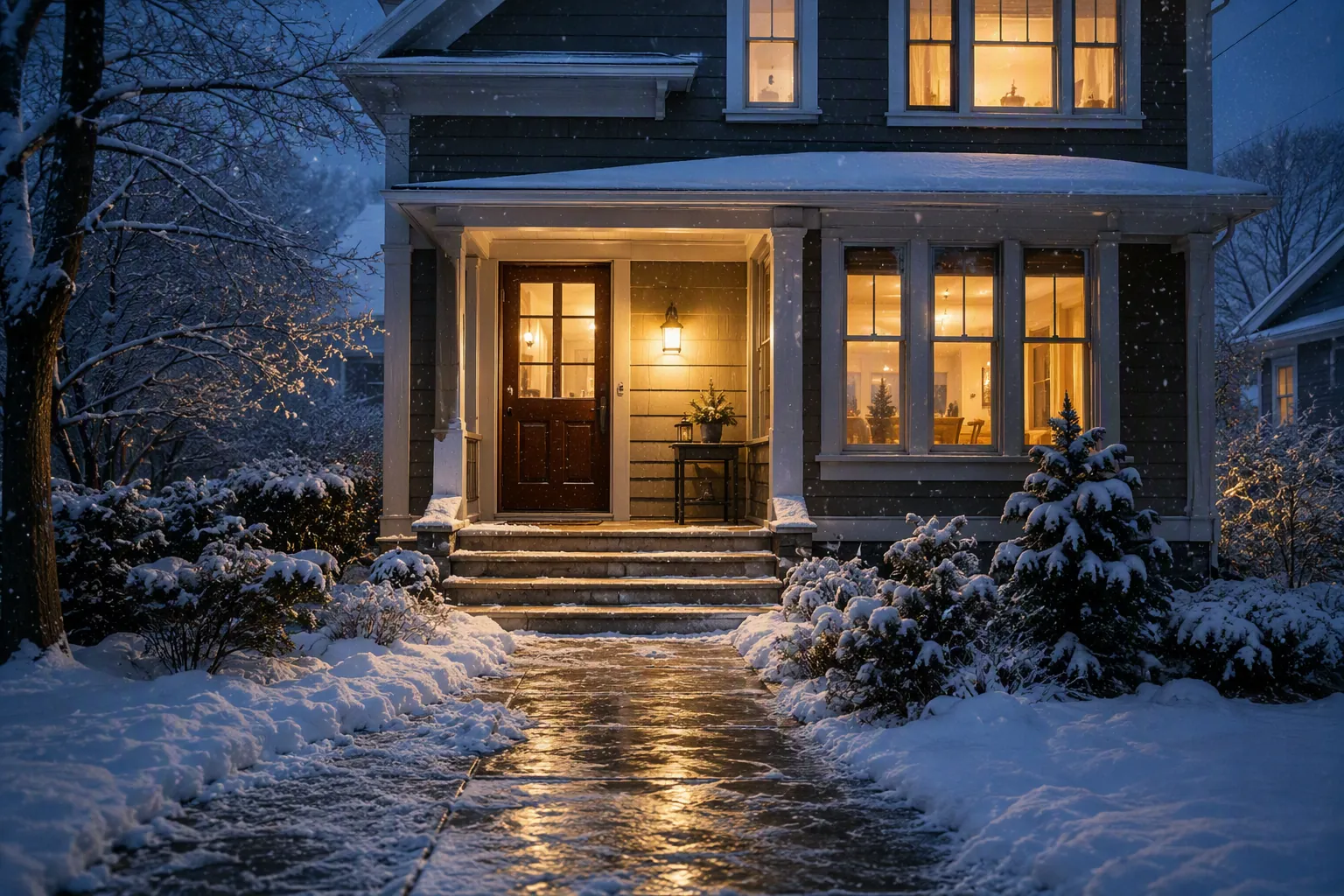 Snow-covered front walkway and icy steps leading to a warmly lit front door during a winter storm