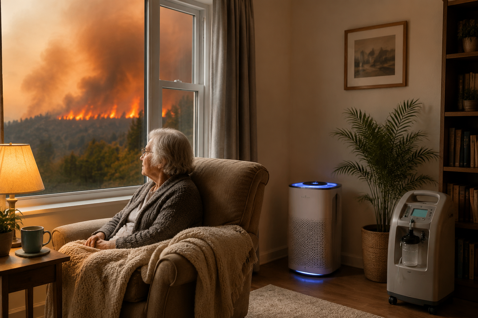 Older adult sitting in a prepared living room with a portable HEPA purifier and oxygen concentrator while smoky haze is visible outside
