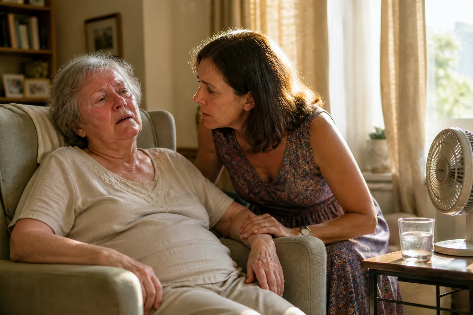 Older woman sitting in a sunlit living room while a concerned caregiver kneels beside her, with a fan and untouched water nearby.
