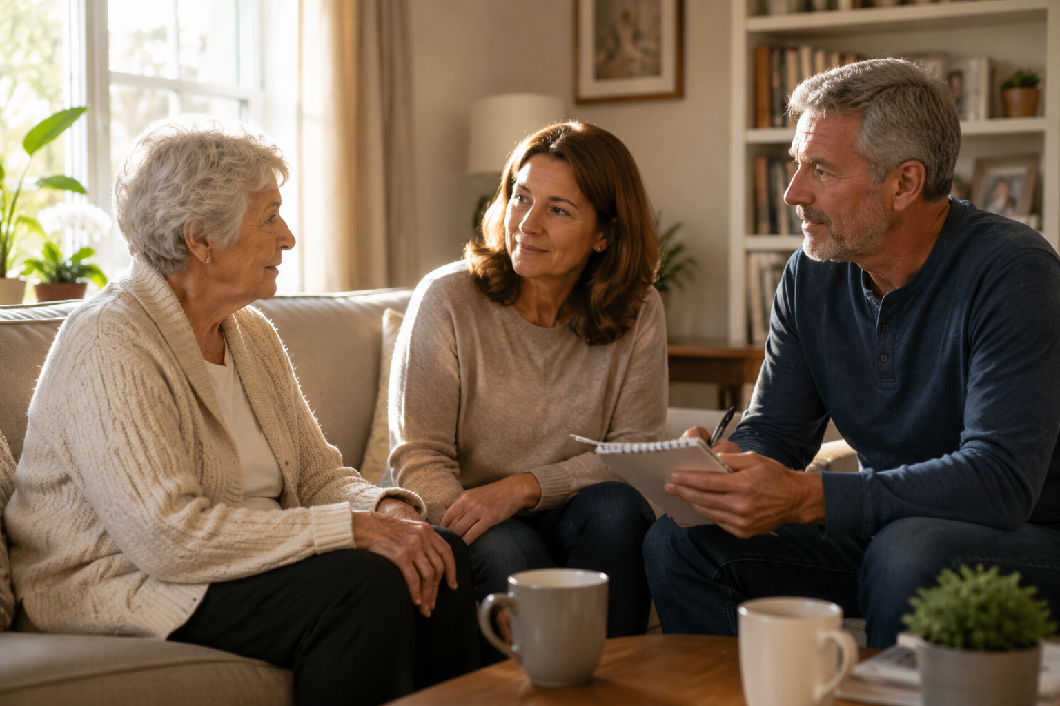 Adult children discussing home care options with an elderly parent in a sunlit living room