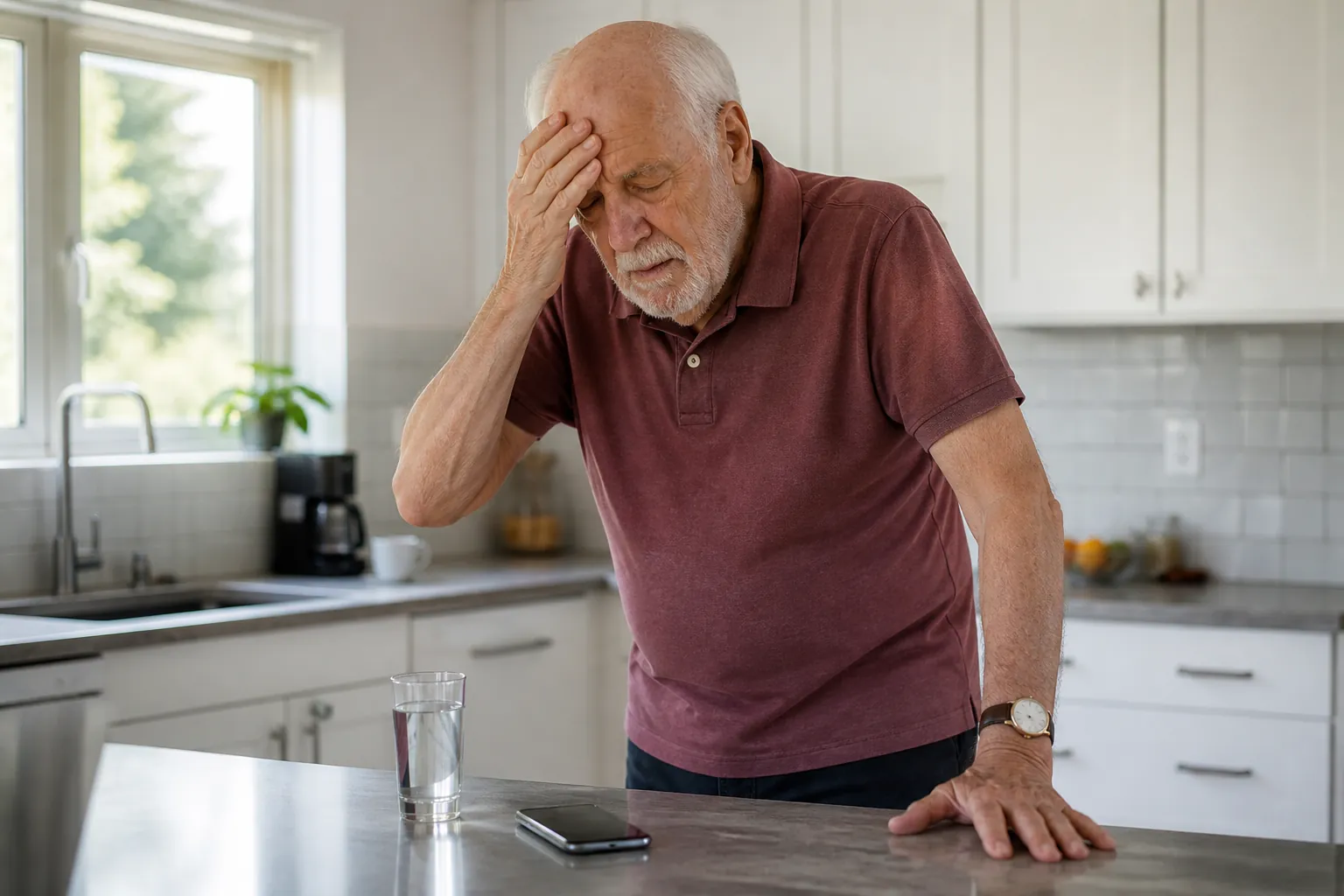 Older adult in a kitchen bracing on the counter and appearing dizzy with water and a phone nearby