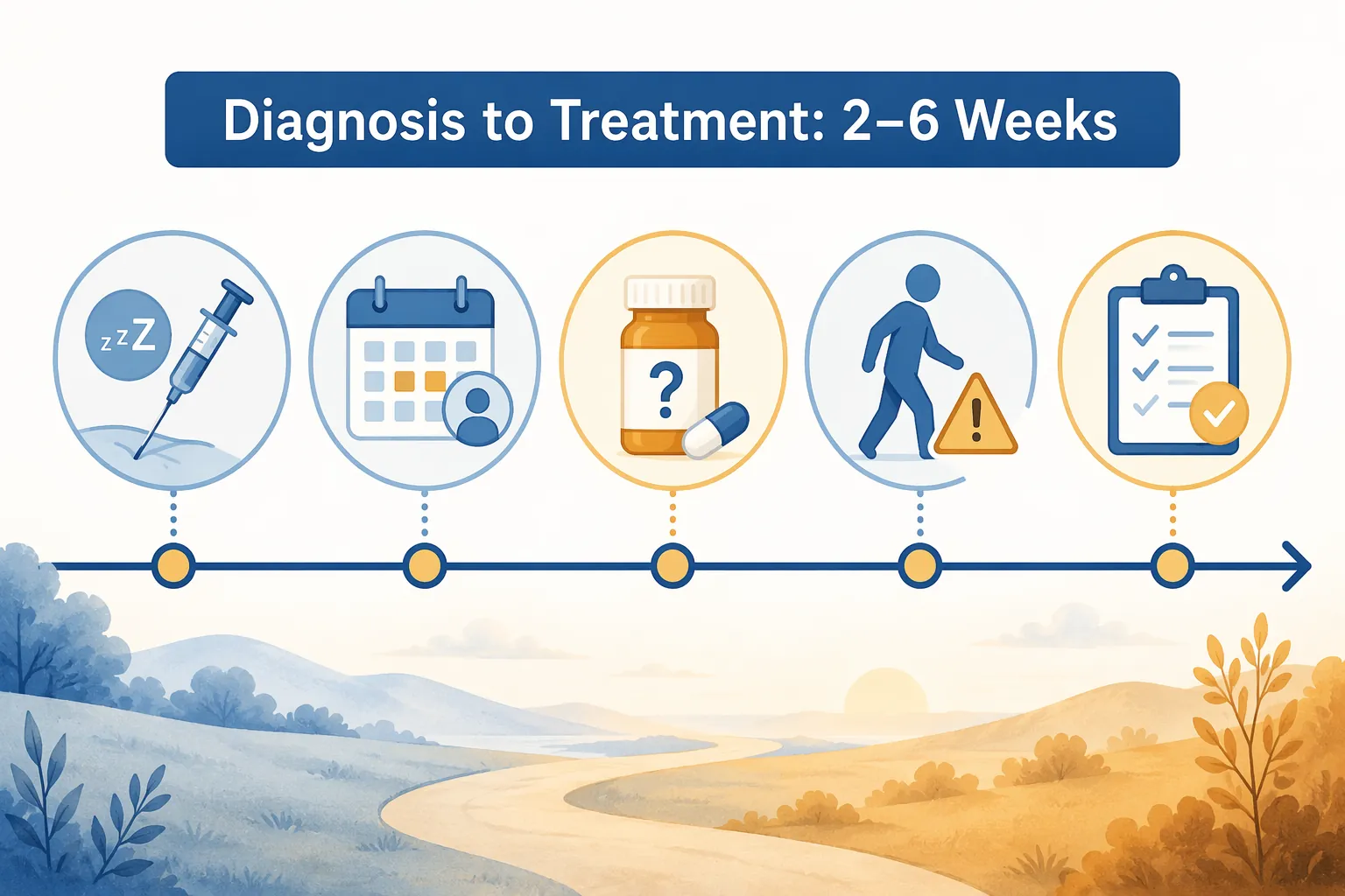 Illustrated 2 to 6 week diagnosis-to-treatment timeline with biopsy, appointments, medications, fall risk, and geriatric assessment