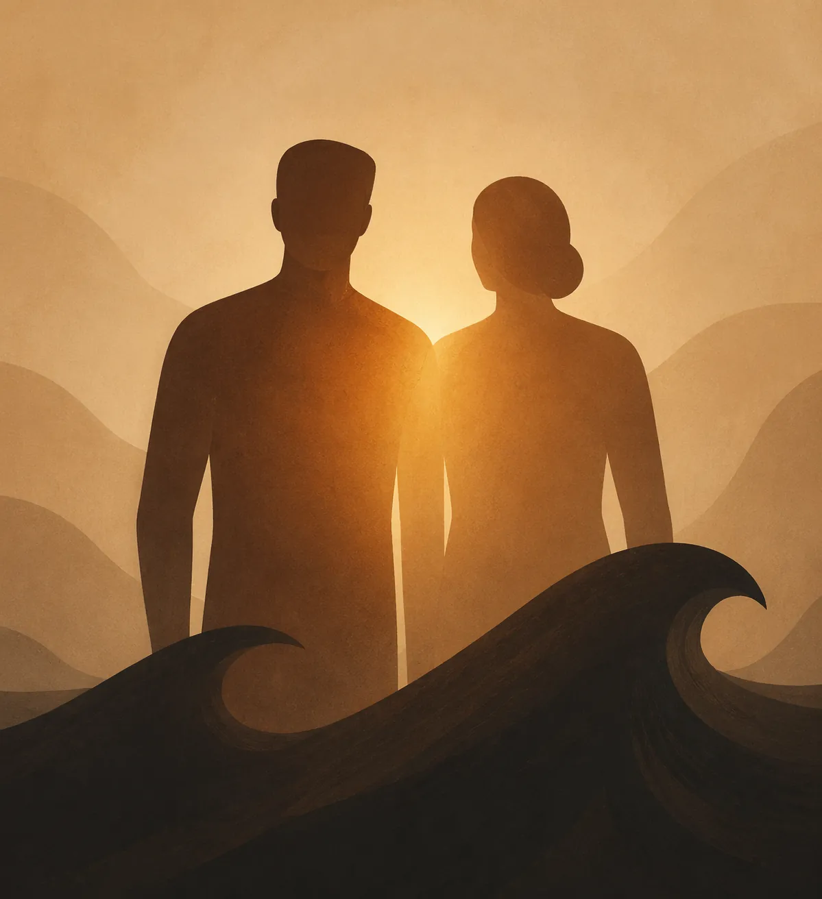 Two abstract figures standing together with a warm glow between them as they face a shared challenge