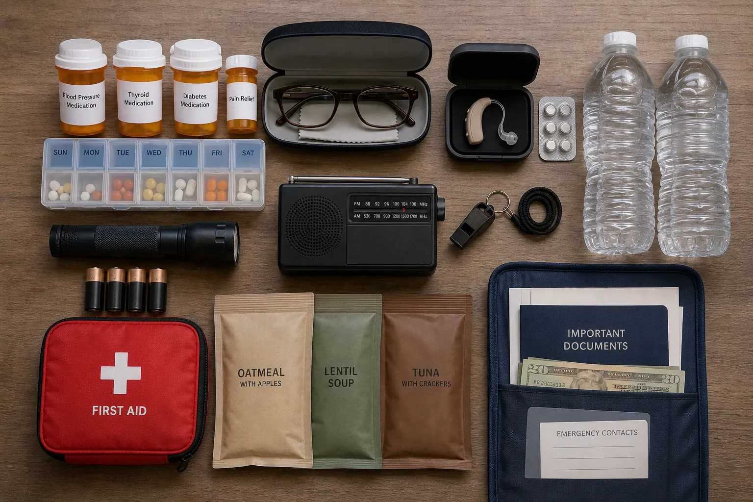 Senior-specific emergency kit with medications, pill organizer, eyeglasses case, hearing aid batteries, flashlight, radio, whistle, water, food, first-aid kit, and document pouch