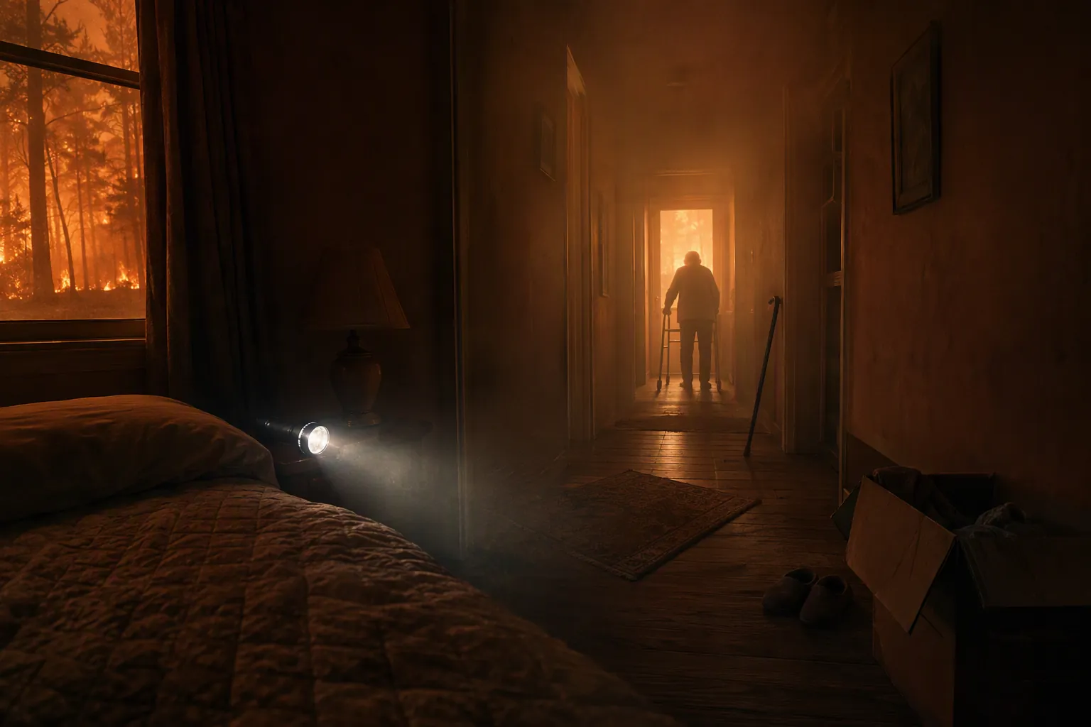 Dim smoke-filled hallway during a nighttime senior wildfire evacuation with clutter, slippers, an out-of-reach cane, and a walker near the exit