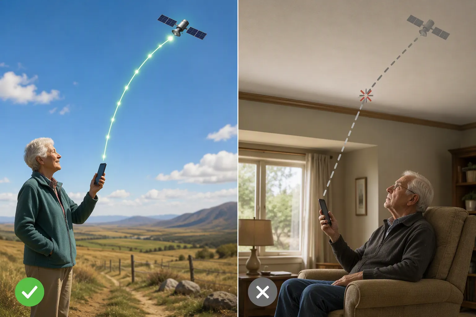 Split illustration showing satellite texting working outdoors under open sky and failing indoors under a ceiling