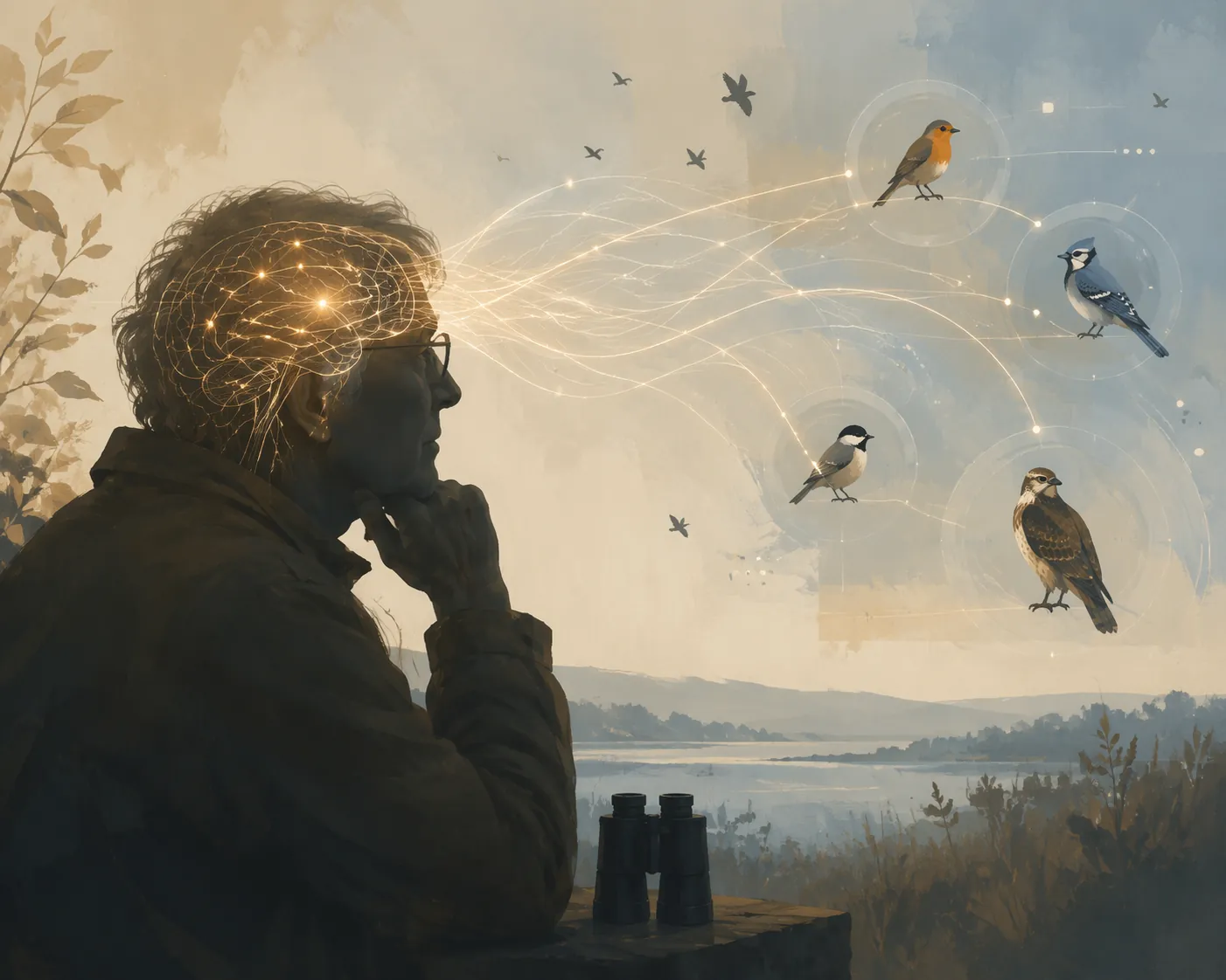 Conceptual illustration of neural pathways extending toward abstract bird shapes during focused birdwatching