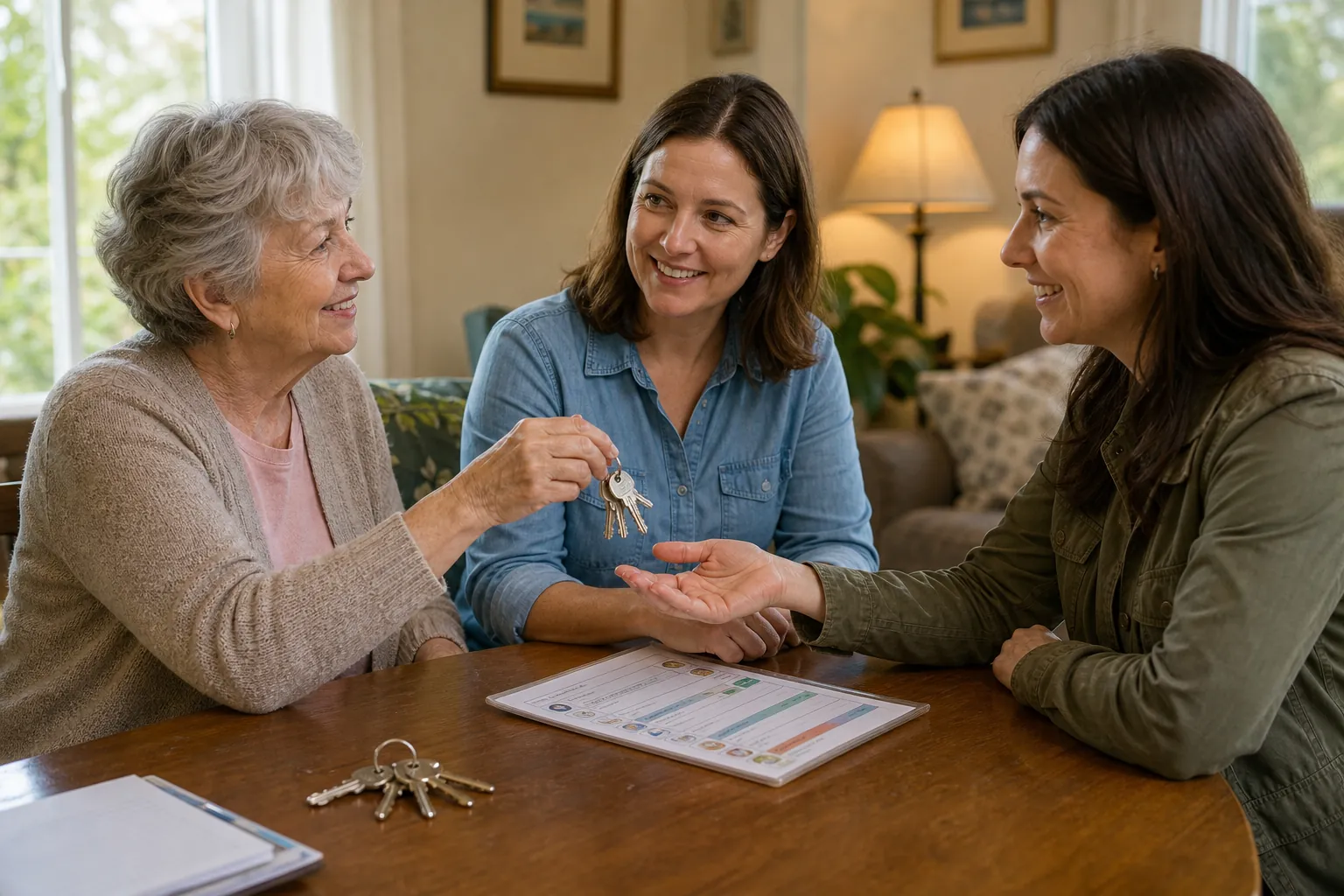 Older woman, adult daughter, and neighbor exchanging house keys and reviewing a supply-location checklist together at a table