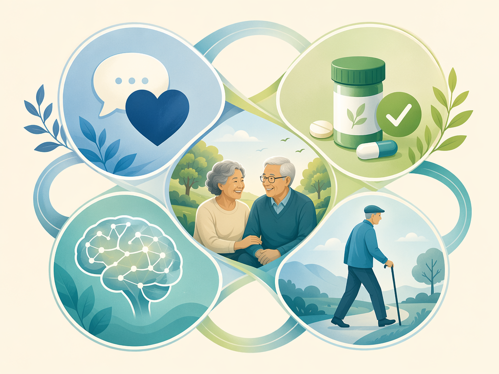 An editorial illustration showing four interconnected rounded panels in a circular layout representing the 4Ms framework: What Matters, Medication, Mentation, and Mobility.