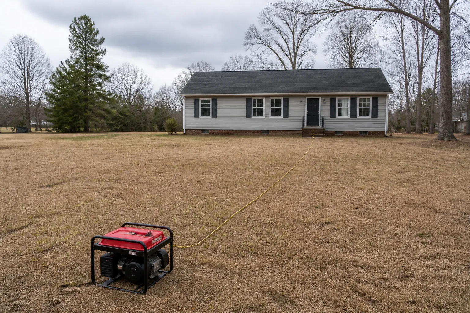 A portable generator placed outside on grass far from a house with an extension cord running toward the home