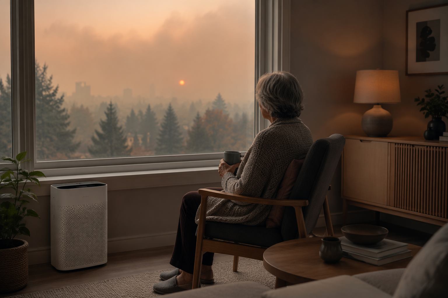 Older adult seated safely indoors near an air purifier while hazy air is visible outside