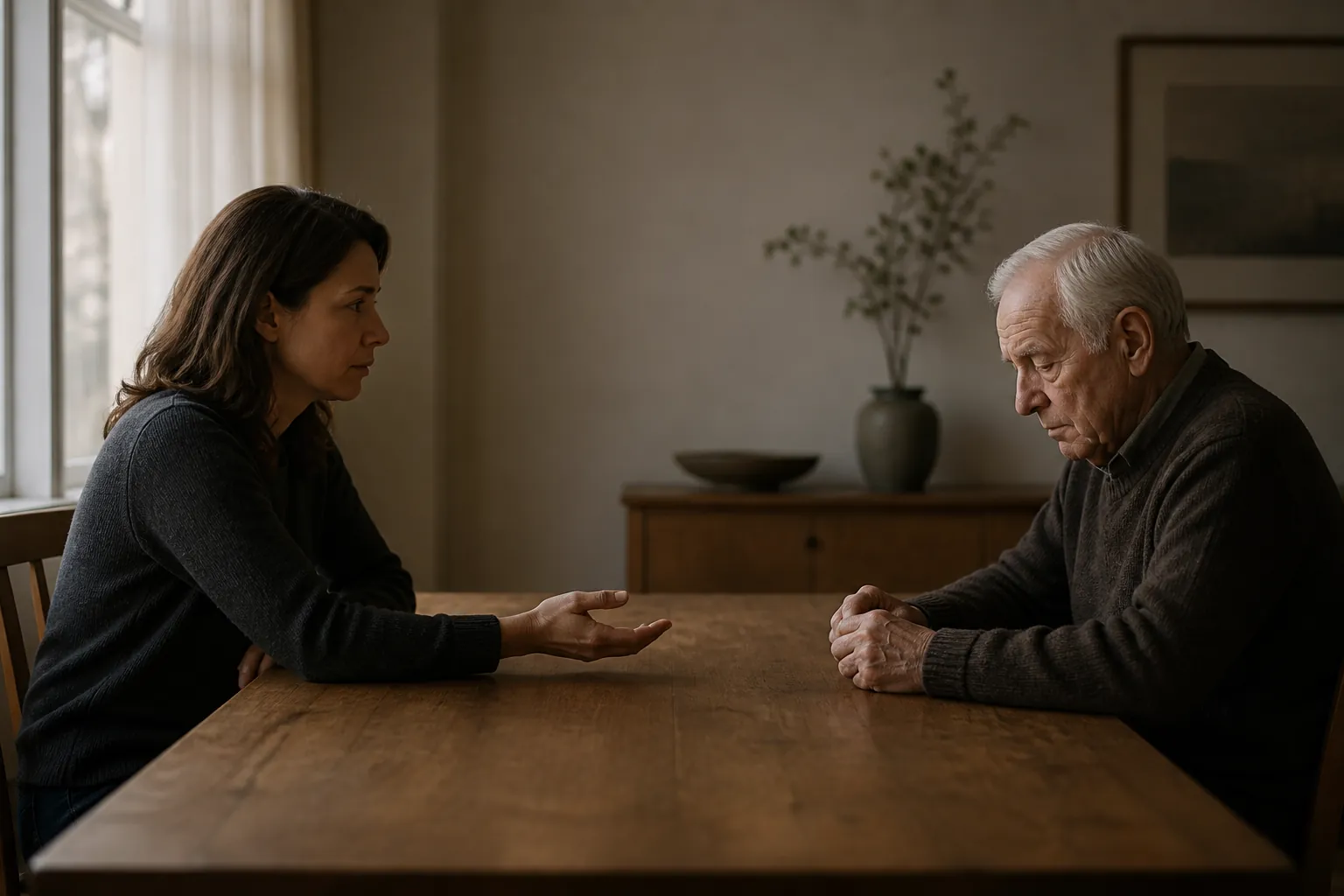 Adult daughter and elderly father seated across a table with emotional distance between them