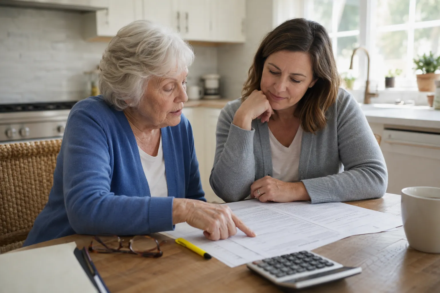 Senior woman and middle-aged caregiver reviewing insurance documents at a kitchen table