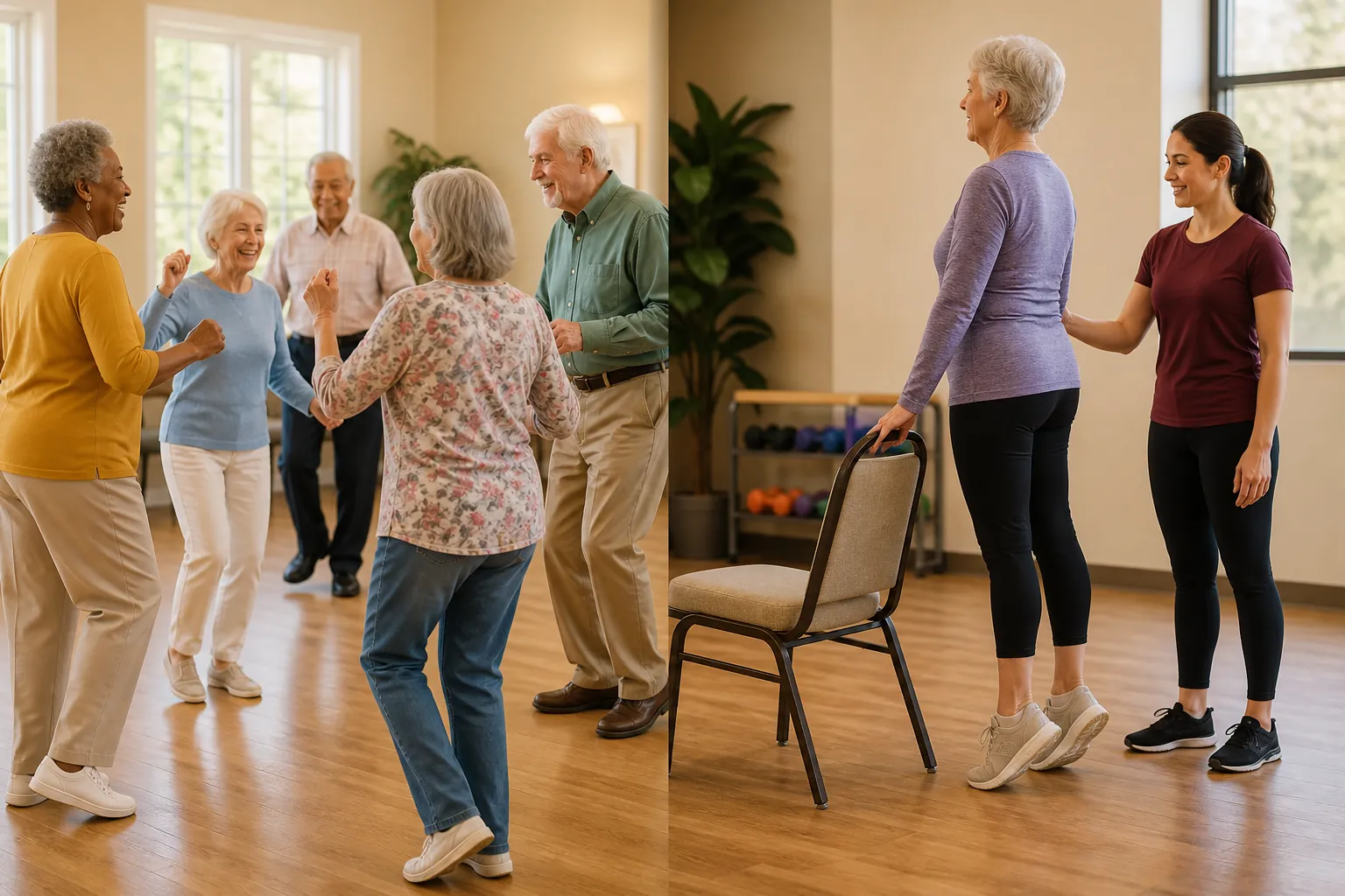Older adults dancing in a community room beside an older adult doing supervised strength and balance exercises near a chair