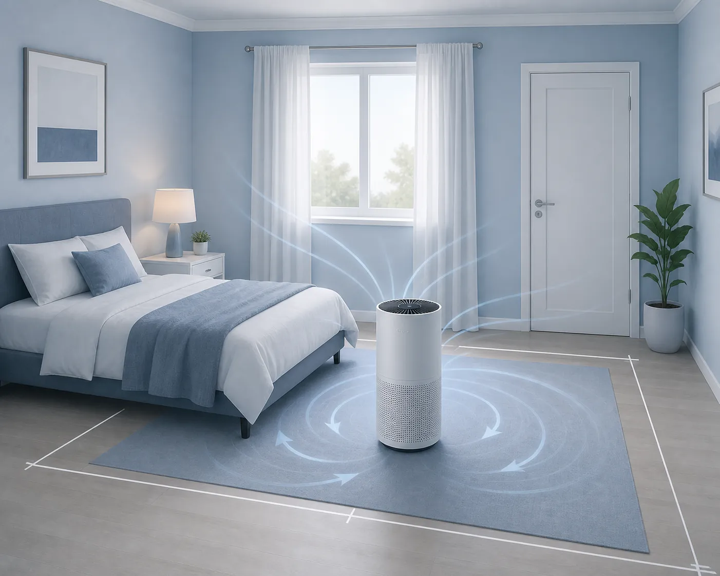 Small bedroom set up as a clean room with a portable air cleaner, closed window, closed door, and measured floor dimensions