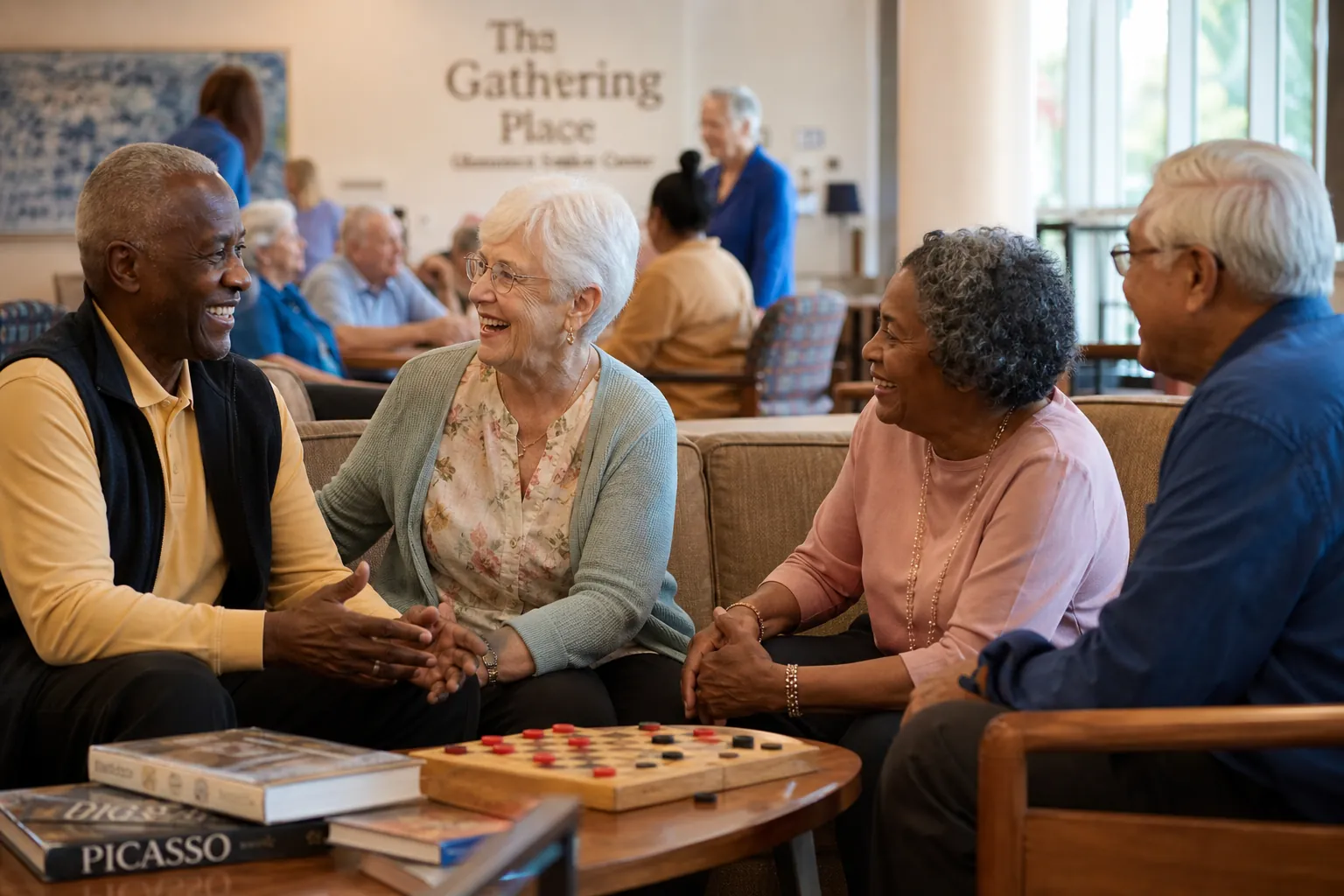 Older adults laughing and talking together in a bright community center