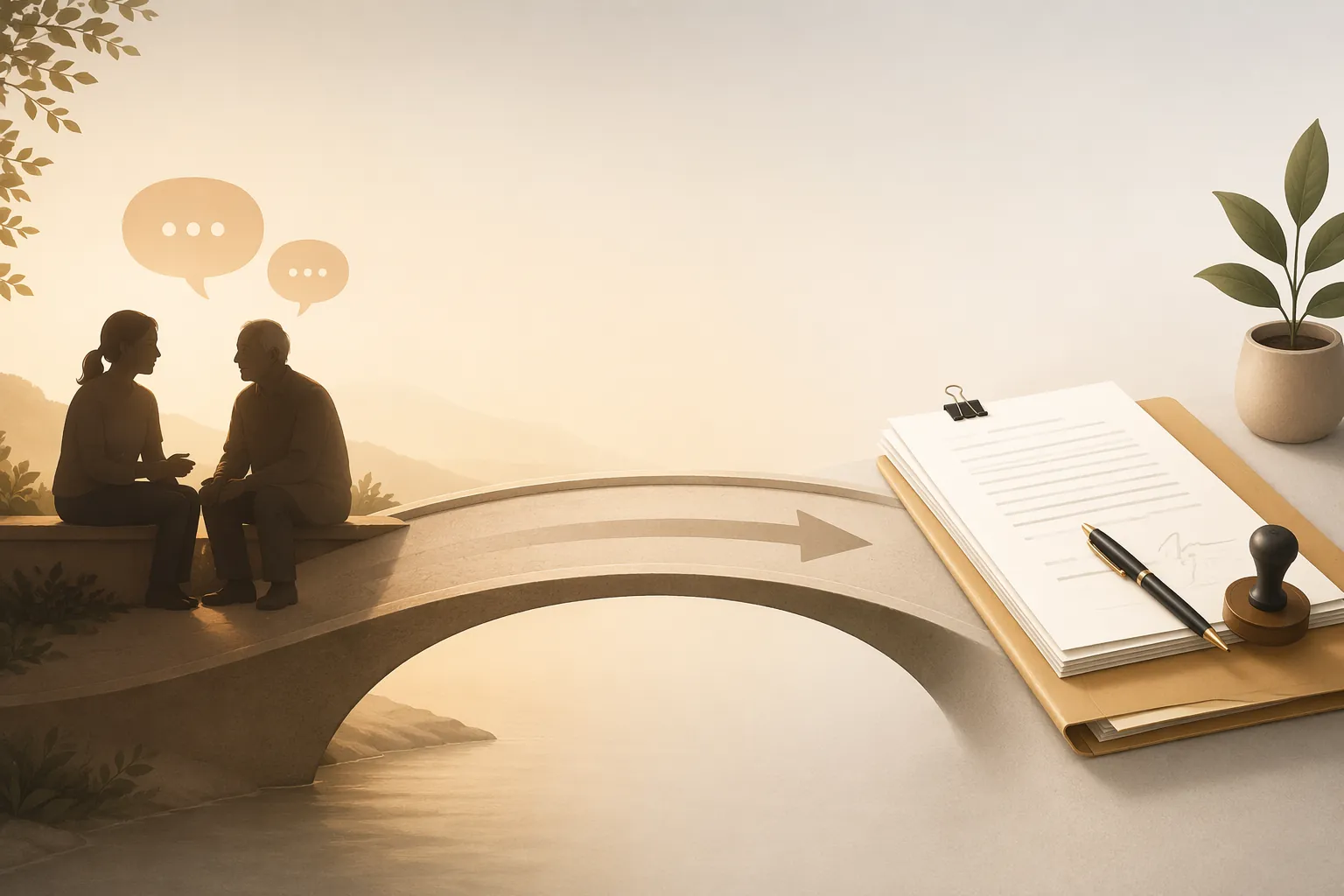 Adult child and elderly parent in conversation leading toward a folder of completed documents
