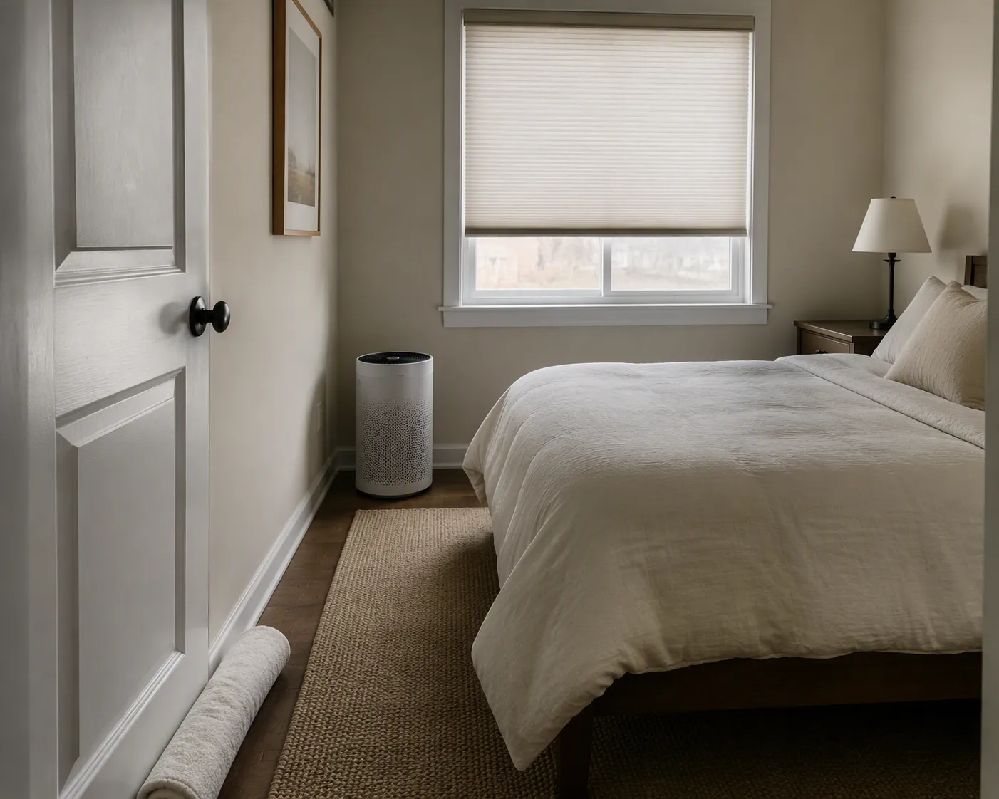 Bedroom arranged as a clean room with a towel at the closed door and an air purifier running