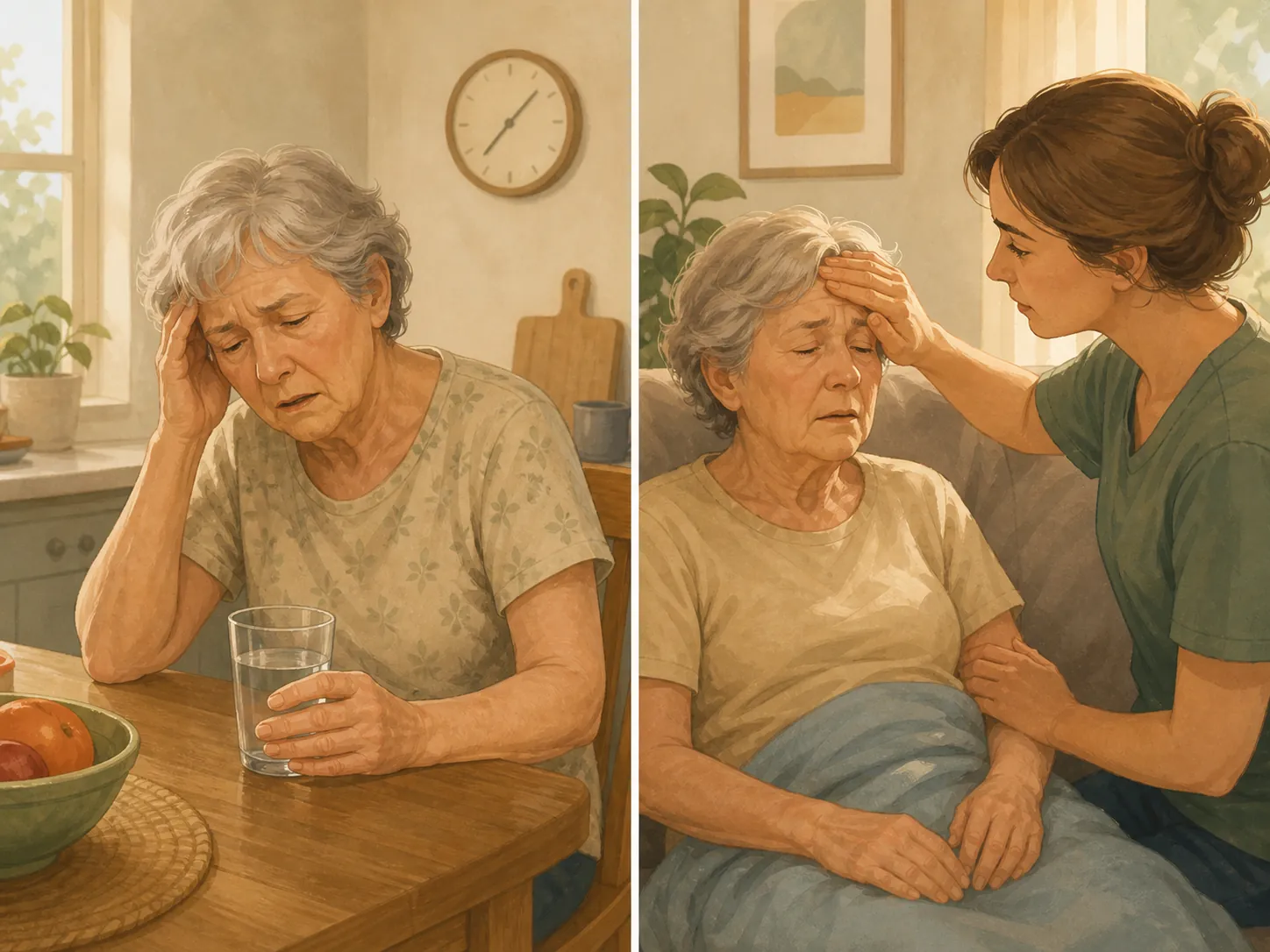 Older adult looking tired and unsteady while a caregiver checks on them