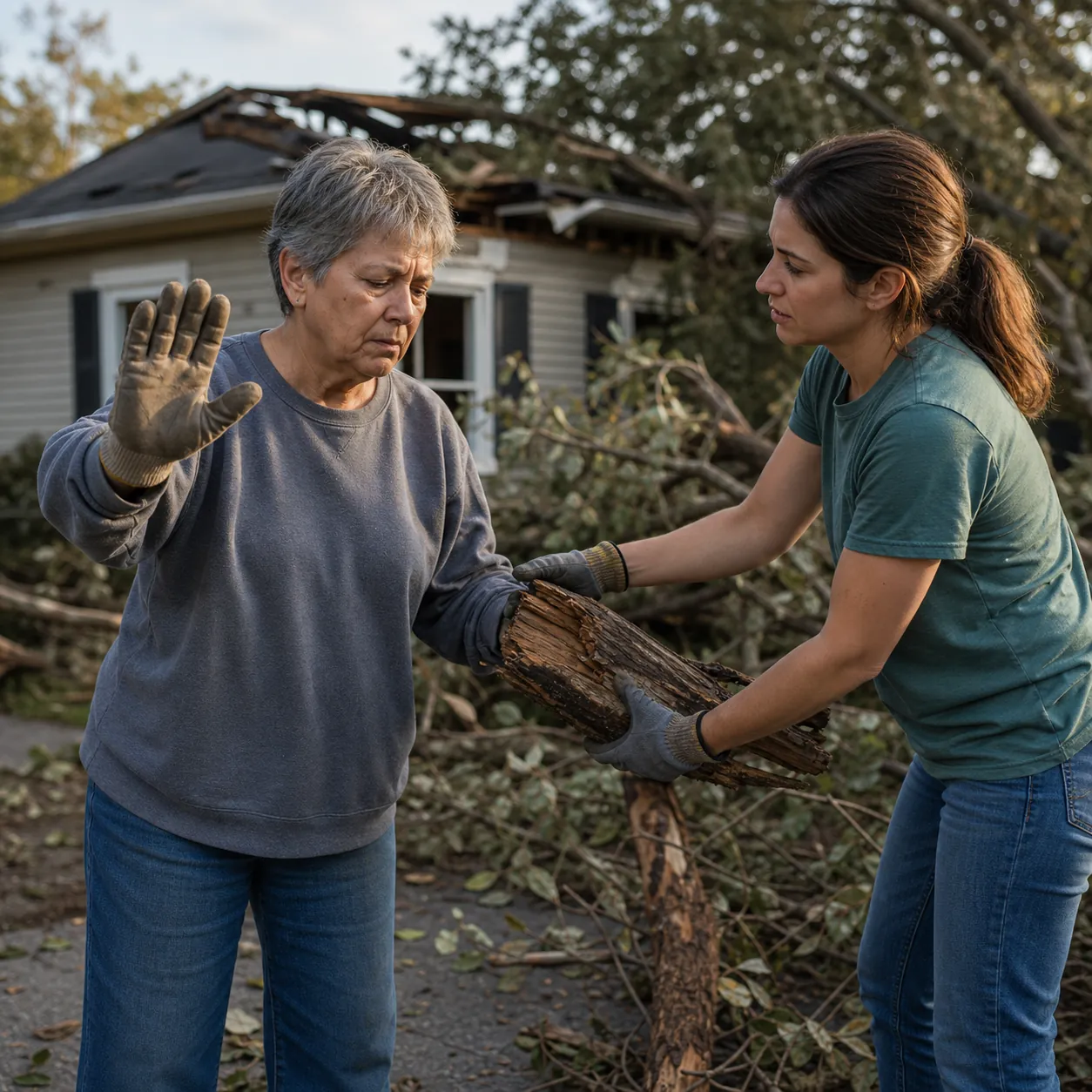 Older adult stopping mid-task while a younger caregiver takes over a heavy object