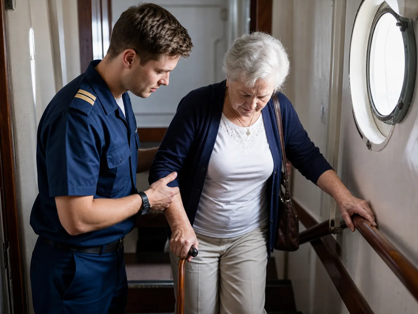 Crew member steadying an older woman as she descends a steep narrow ship staircase with a cane and railing