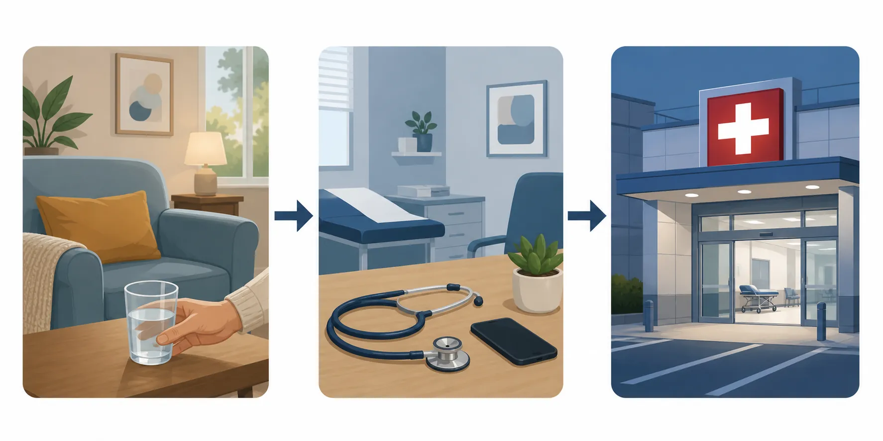 Escalation path from home hydration to clinic call to emergency care