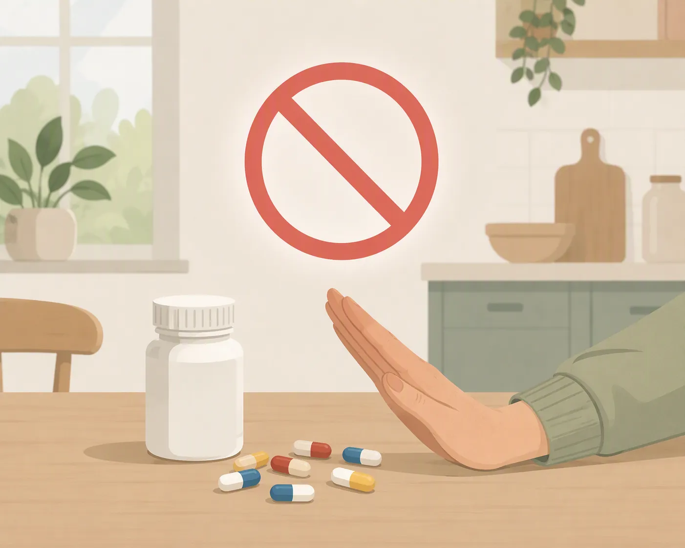Hand pushing a pill bottle away with a prohibition symbol