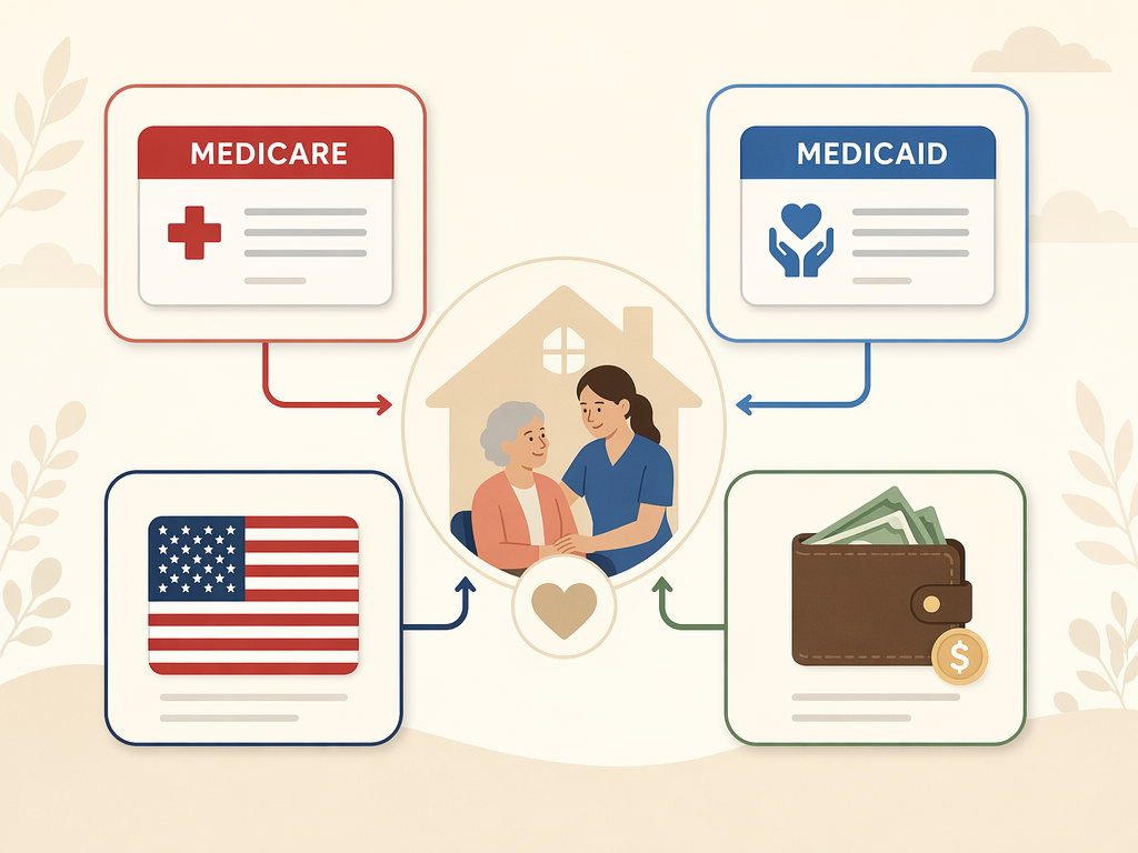 An editorial flat illustration showing four payment pathway icons arranged in a framework: a red Medicare card icon, a blue Medicaid card icon, an American flag and VA star icon, and a wallet icon representing out-of-pocket costs.