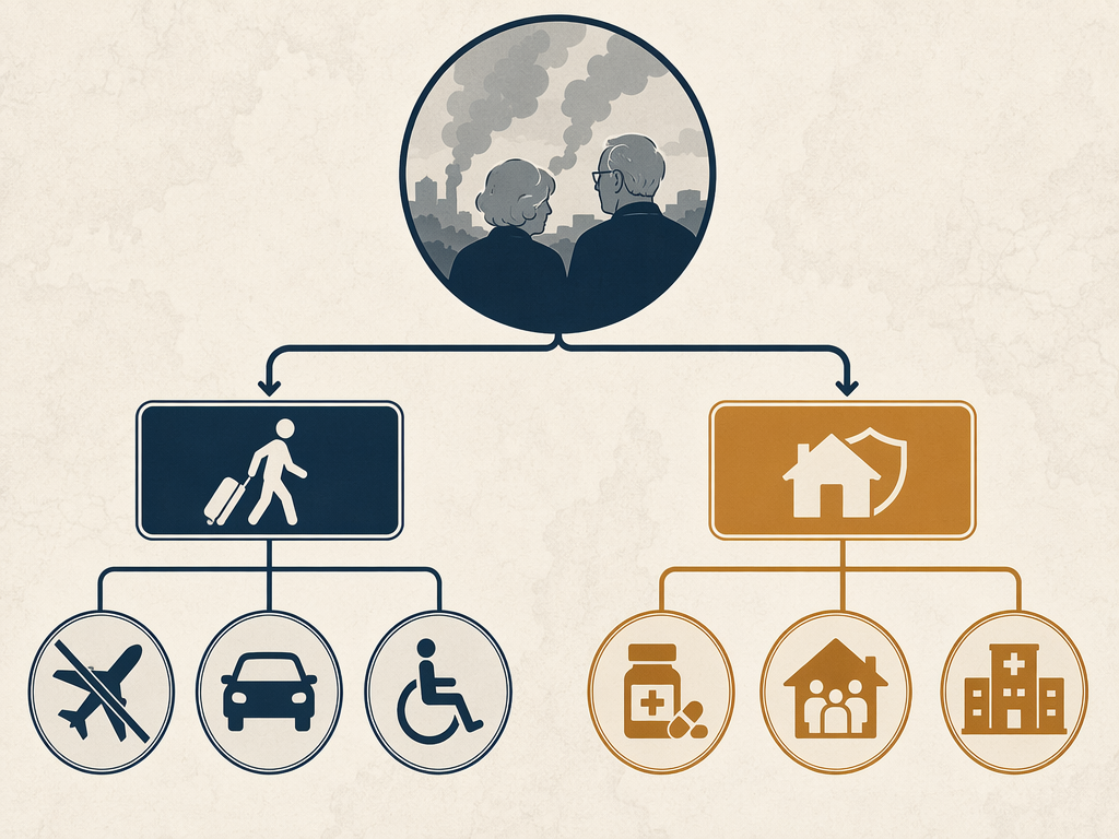 Decision flowchart comparing depart and shelter-in-place pathways using flight, border, wheelchair, medication, local support, and hospital icons