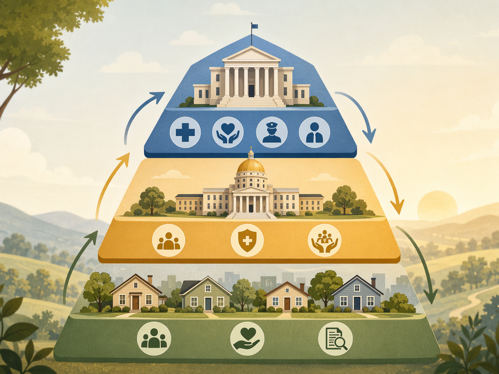 A layered editorial illustration showing a stacked program structure with federal, state, and local icons connected by arrows.
