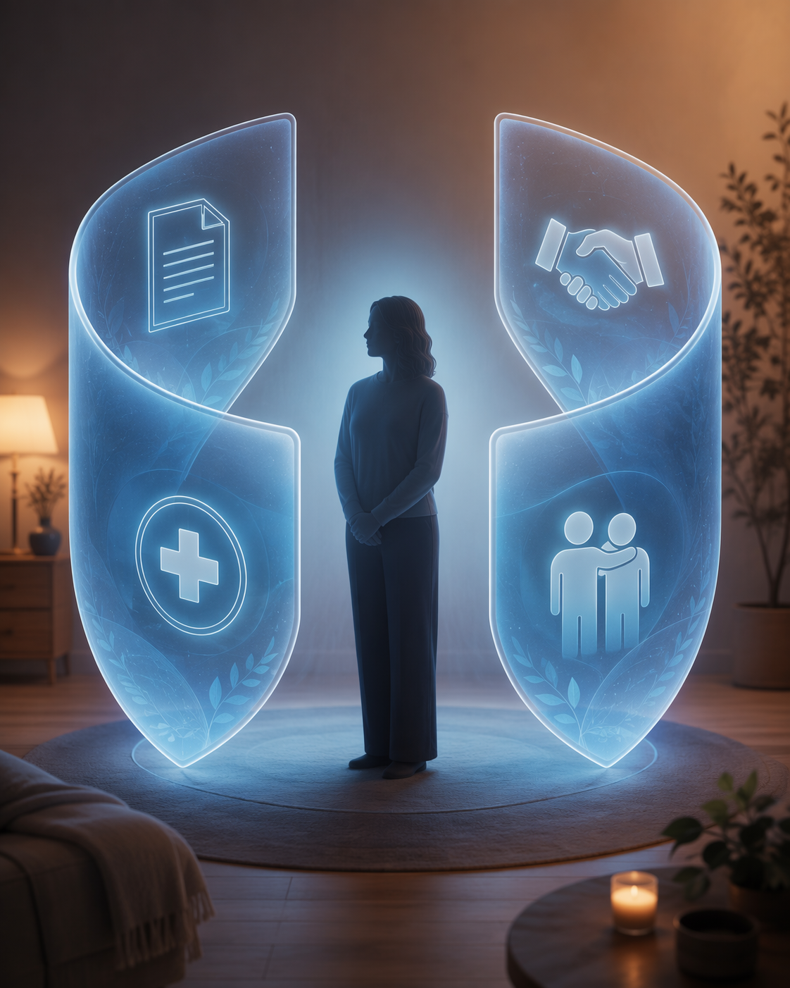 An adult figure protected by panels representing a written agreement, mediation, professional care, and defined sibling roles