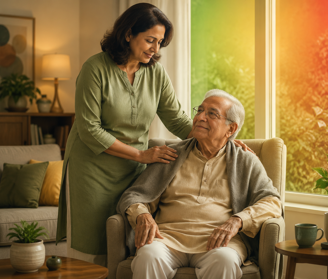 Caregiver standing beside her older father near a window with AQI colors reflected in the room