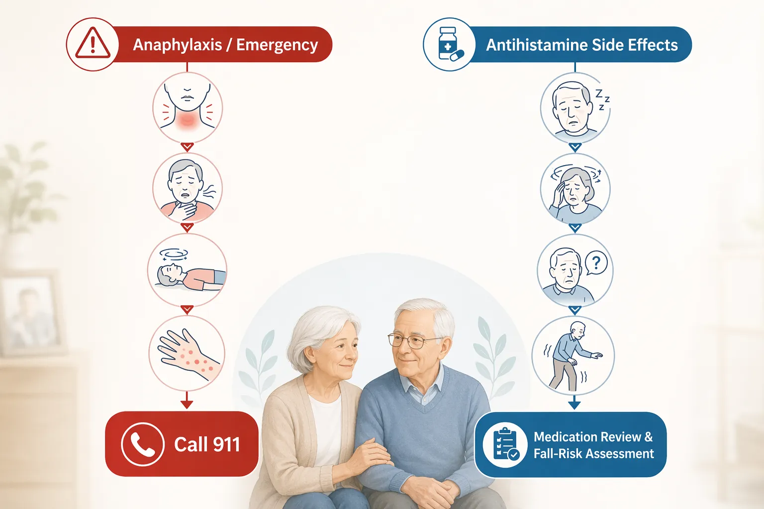 Infographic comparing emergency anaphylaxis signs with antihistamine side effects and fall-risk response