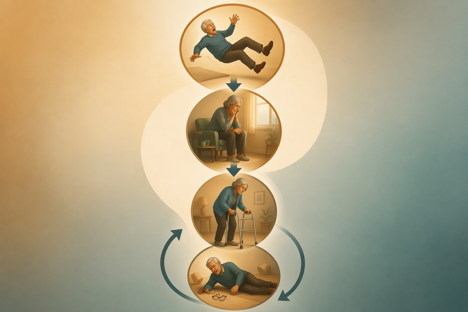 A conceptual downward cascade illustration showing a fall icon at the top, then a fearful seated figure, then a weakened figure using a walker, and a circular arrow leading back to another fall icon.