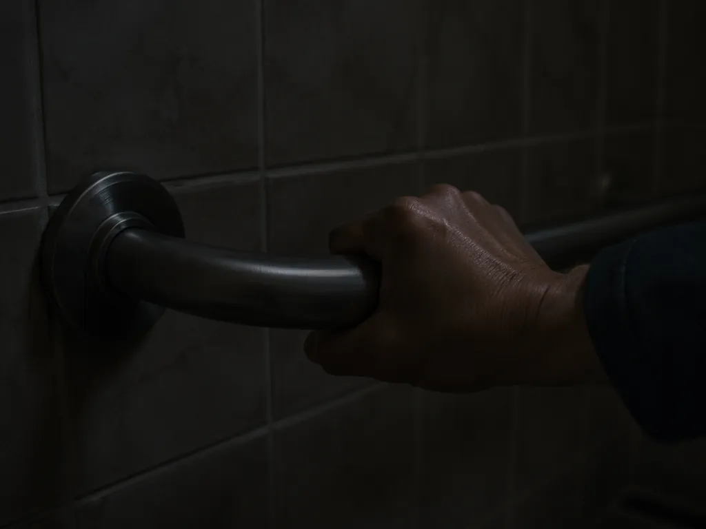Adult hand testing a bathroom grab bar in near-dark conditions