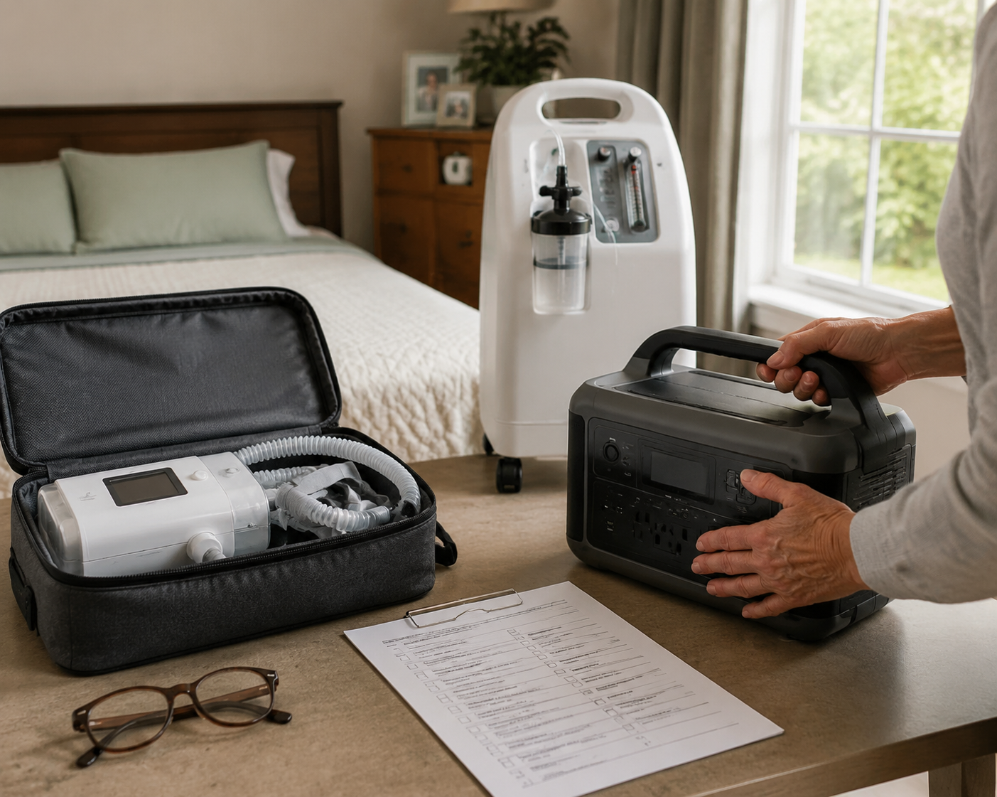 Caregiver setting up battery backup power beside a CPAP machine and oxygen concentrator