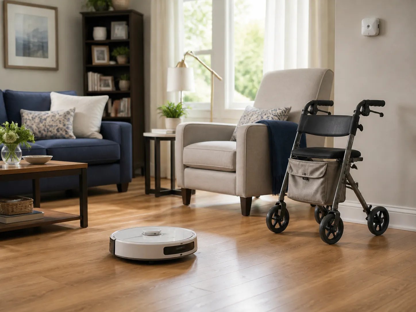 Senior-friendly living room with a robot vacuum on a clear floor, a rollator walker near a chair, and a discreet wall sensor
