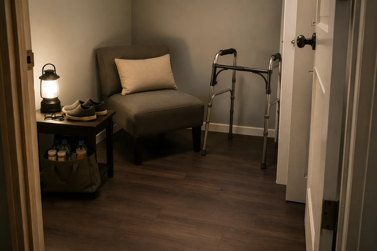 Prepared interior tornado shelter with battery lantern, sturdy chair, walker, shoes, glasses, and a clear floor