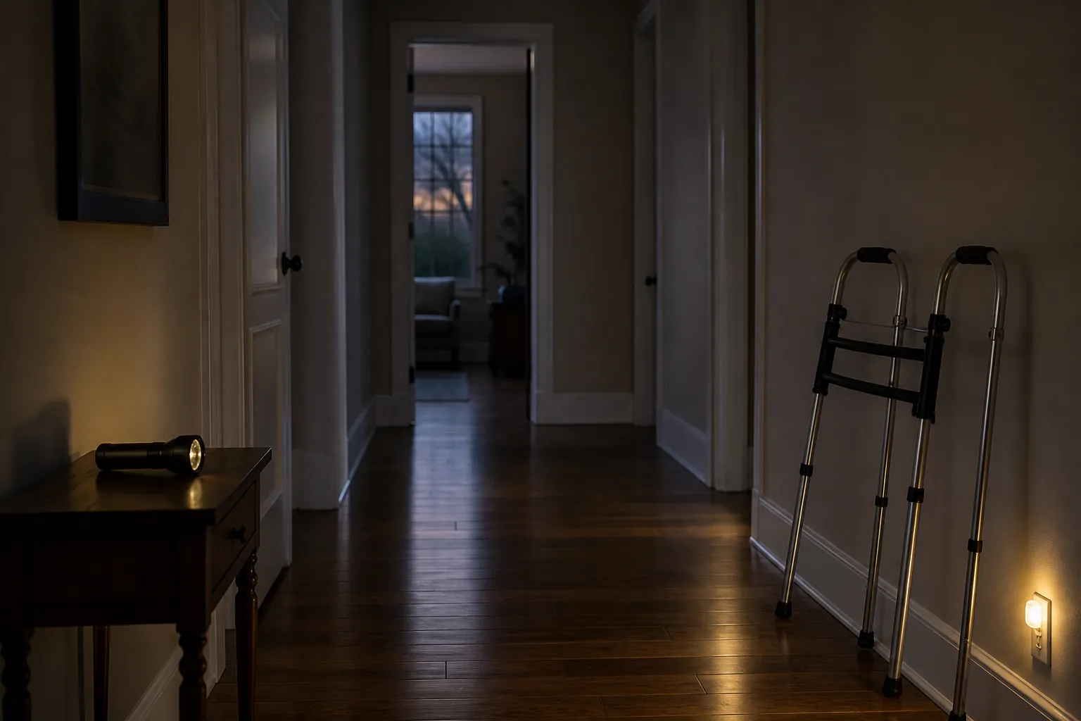 Clear hallway prepared for an outage with a walker, bare floors, night light, and flashlight