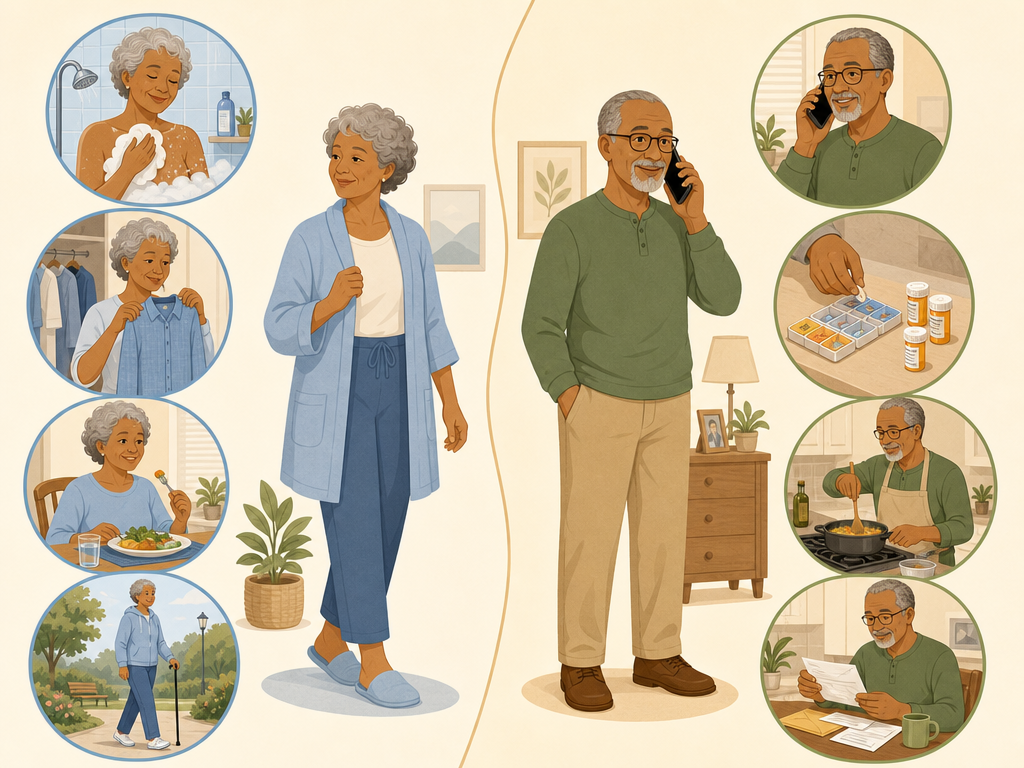 A split editorial illustration comparing two categories of daily activities: on the left, icons showing a person bathing, getting dressed, eating, and walking with a cane representing Daily Living activities; on the right, icons showing a person using a phone, sorting pills, cooking at a stove, and handling mail representing Household Management activities.