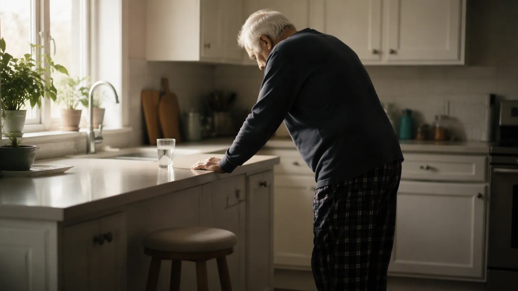 Older adult steadying himself at a kitchen counter with a half-full glass of water nearby