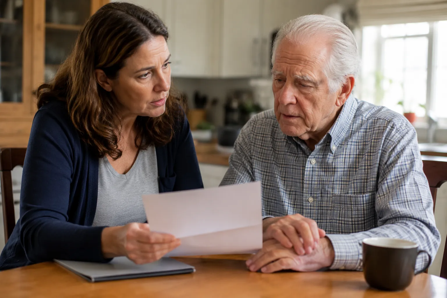 Adult daughter reviewing official-looking mail with her elderly father at a kitchen table