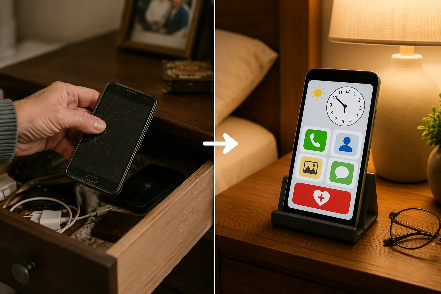 Old Android phone moved from a drawer to a nightstand with a simplified senior-friendly display