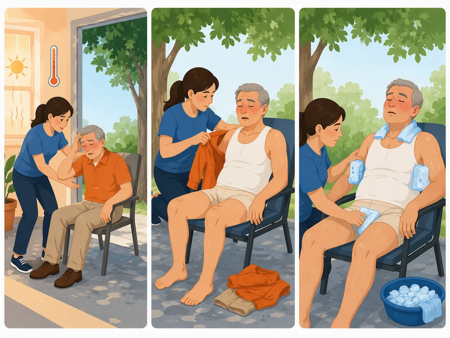 Three-panel illustration showing heat-stroke cooling first aid: moving to shade, removing excess clothing, and applying cool cloths and ice packs