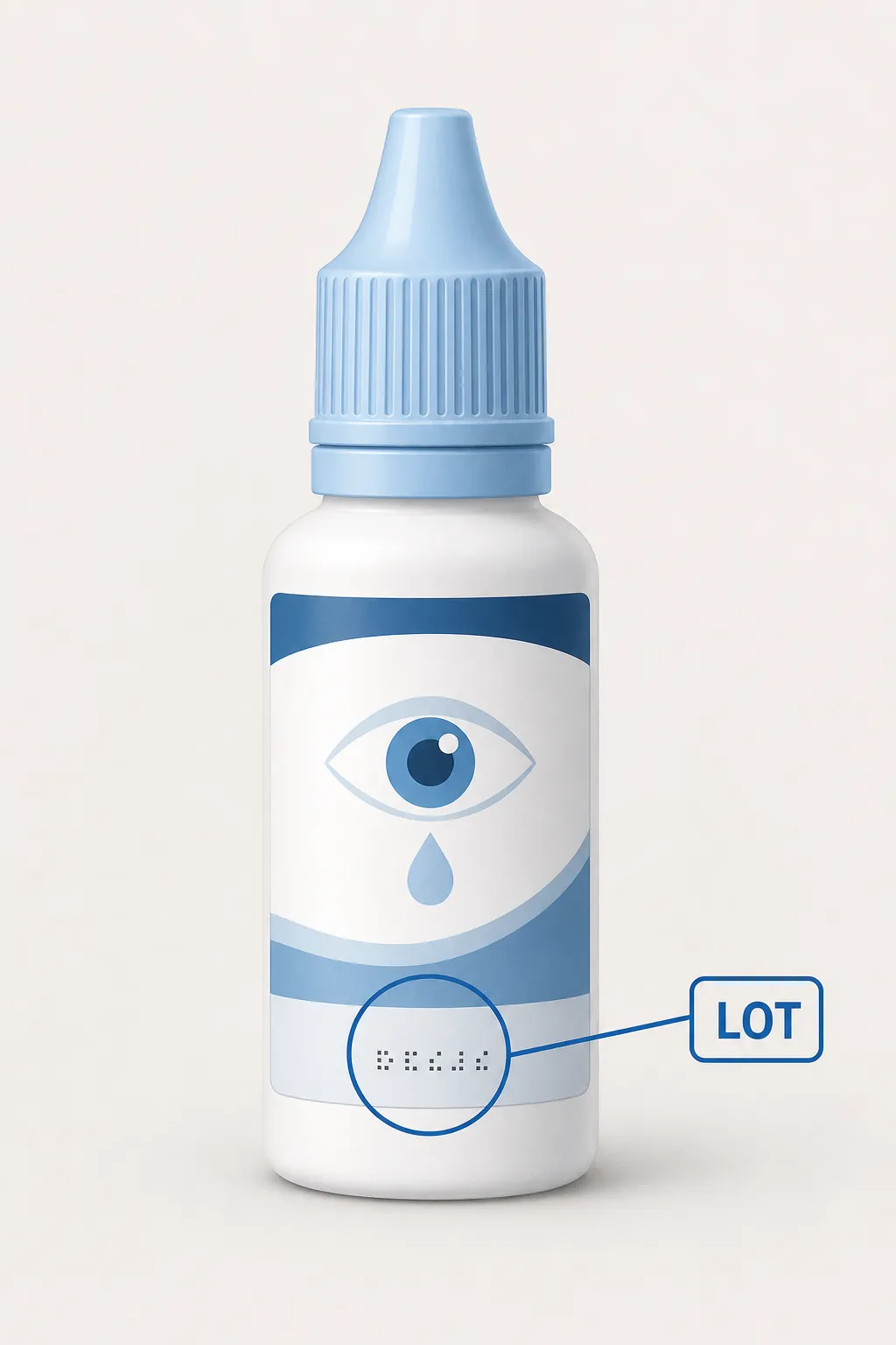 Generic eye-drop bottle illustration with lot-number area circled
