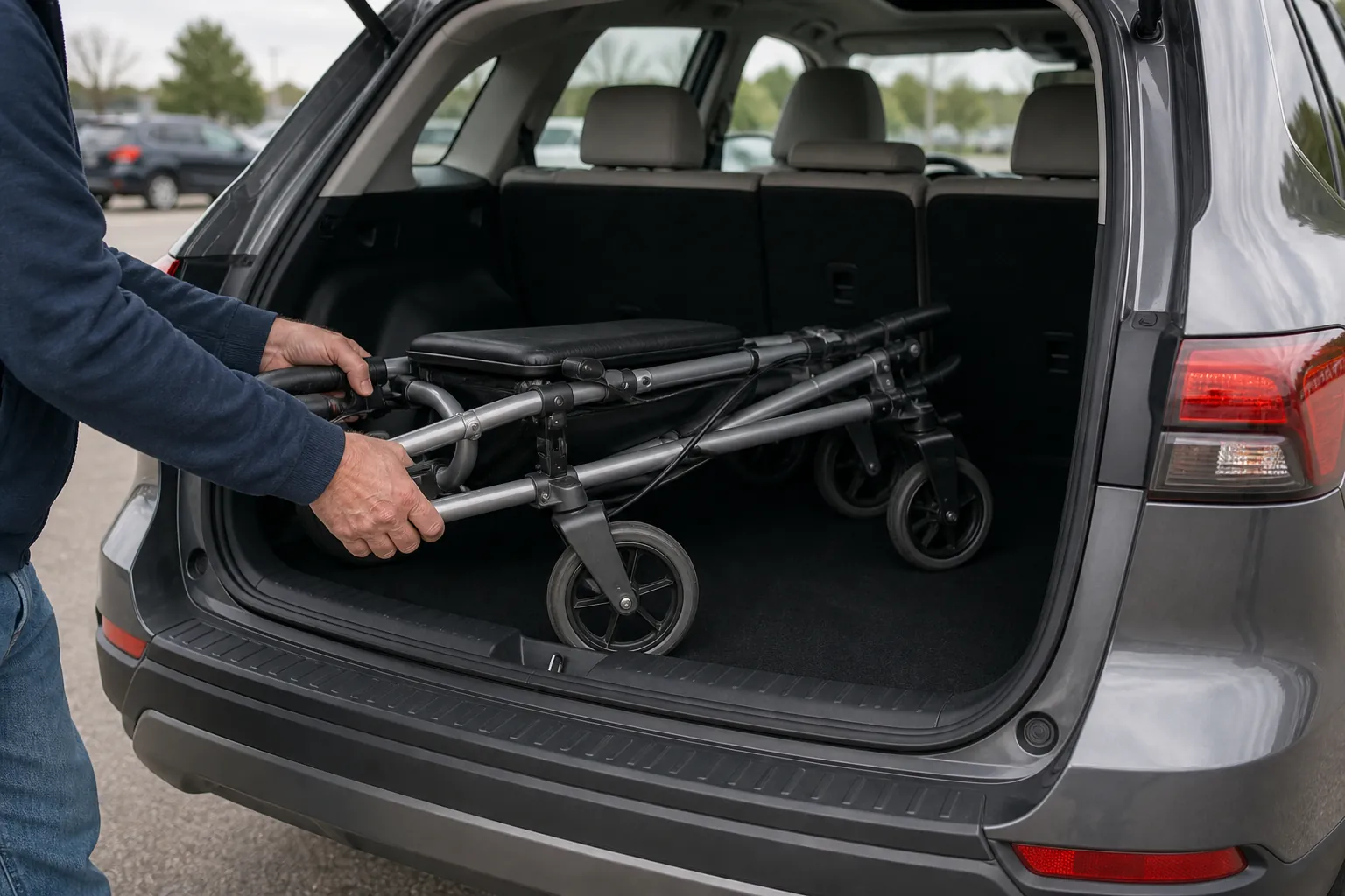 Folded rollator walker being loaded into the rear cargo area of a modern SUV