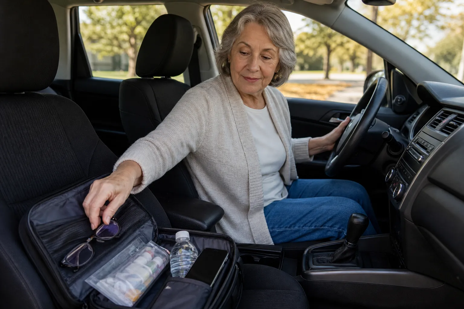 Older woman in the driver's seat reaching toward a passenger-seat emergency organizer with glasses, medication pouch, water, and a phone
